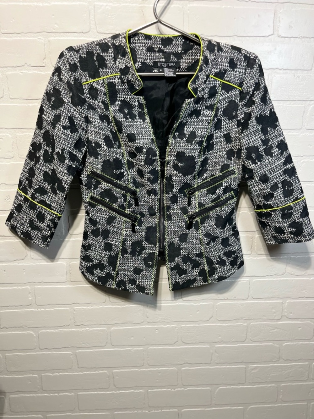 Etcetera Black and White Tweed Jacket with Neon Yellow Trim